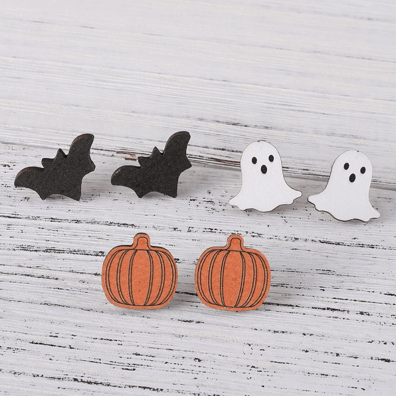 Vintage Halloween Pumpkin Ghost Bat Tassel Wooden Stud Earrings for Women