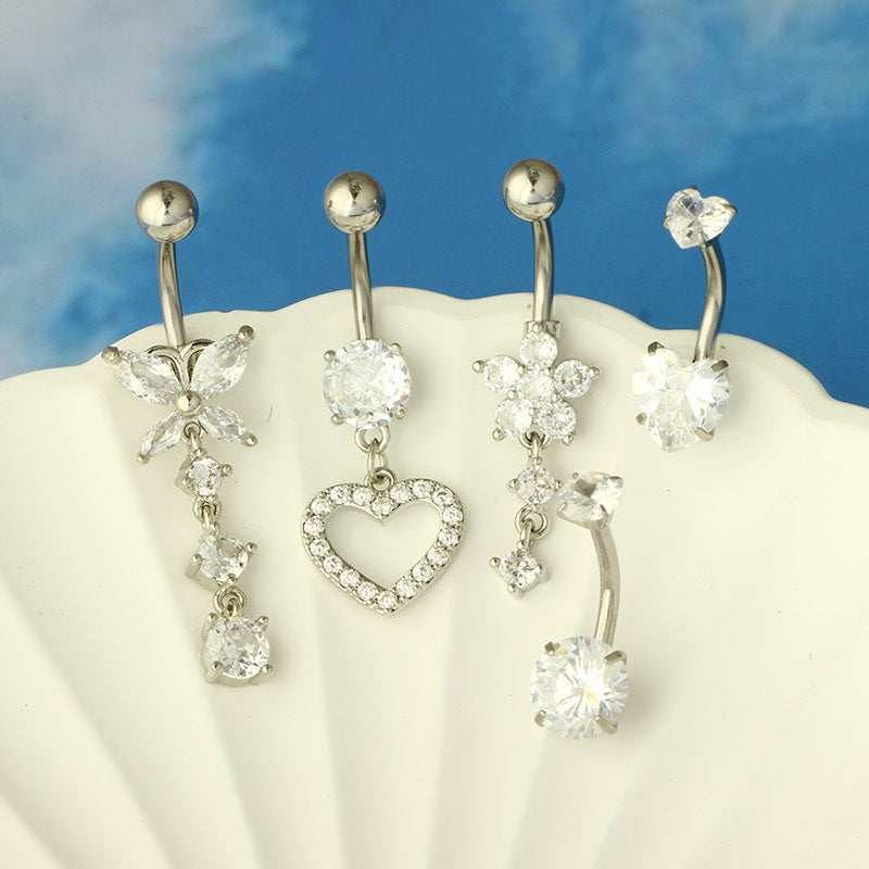 Heart Shape Belly Ring Set - 316 Stainless Steel with Inlay Zircon