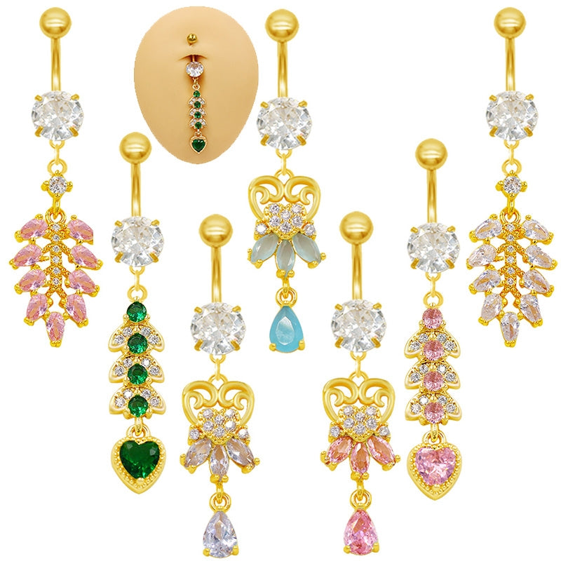 Elegant Heart Belly Ring with Zirconia and Gold Plated Stainless Steel