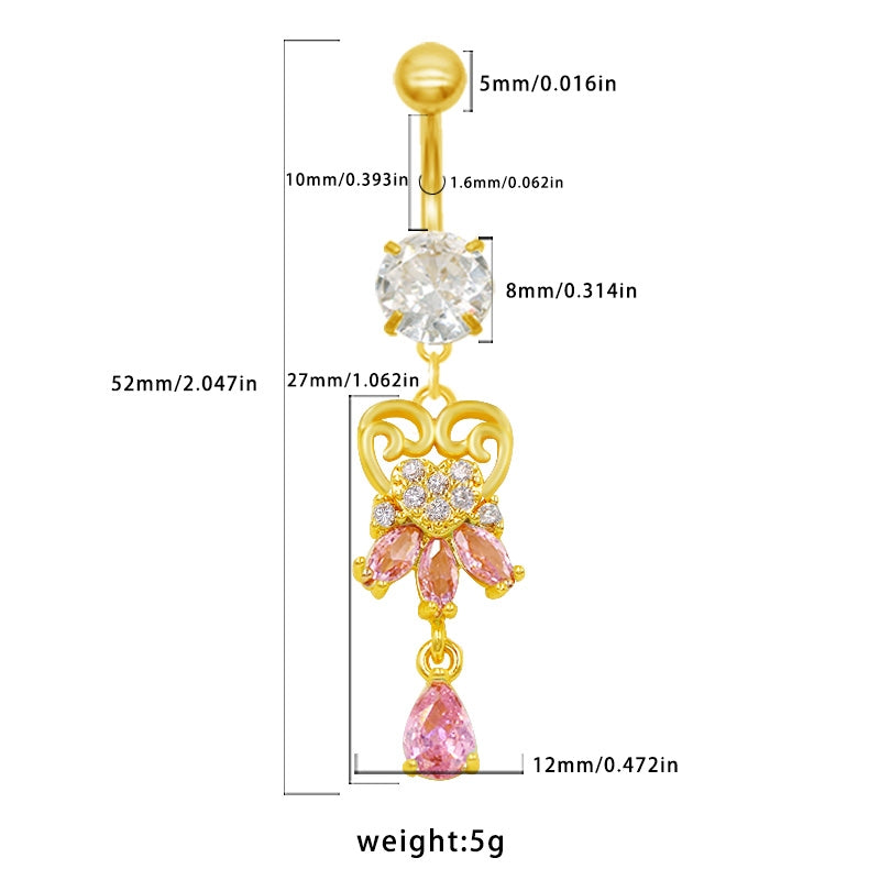Elegant Heart Belly Ring with Zirconia and Gold Plated Stainless Steel