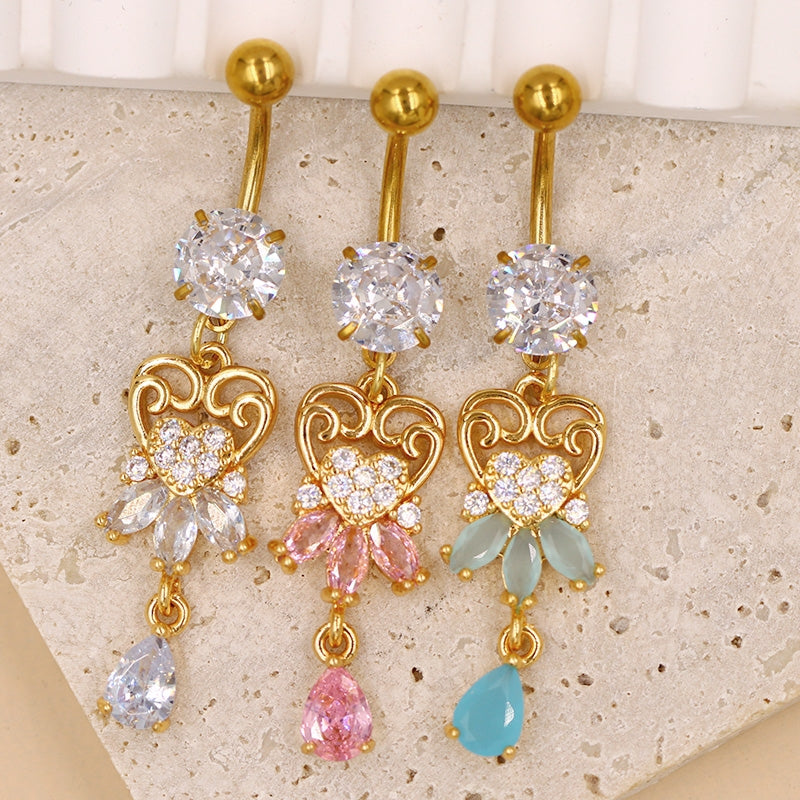 Elegant Heart Belly Ring with Zirconia and Gold Plated Stainless Steel