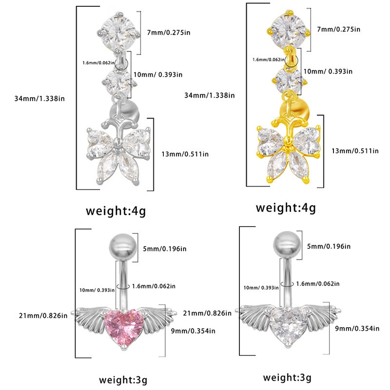 Heart Wings Butterfly Belly Ring - 316 Stainless Steel with Rhinestones and Gold Plating