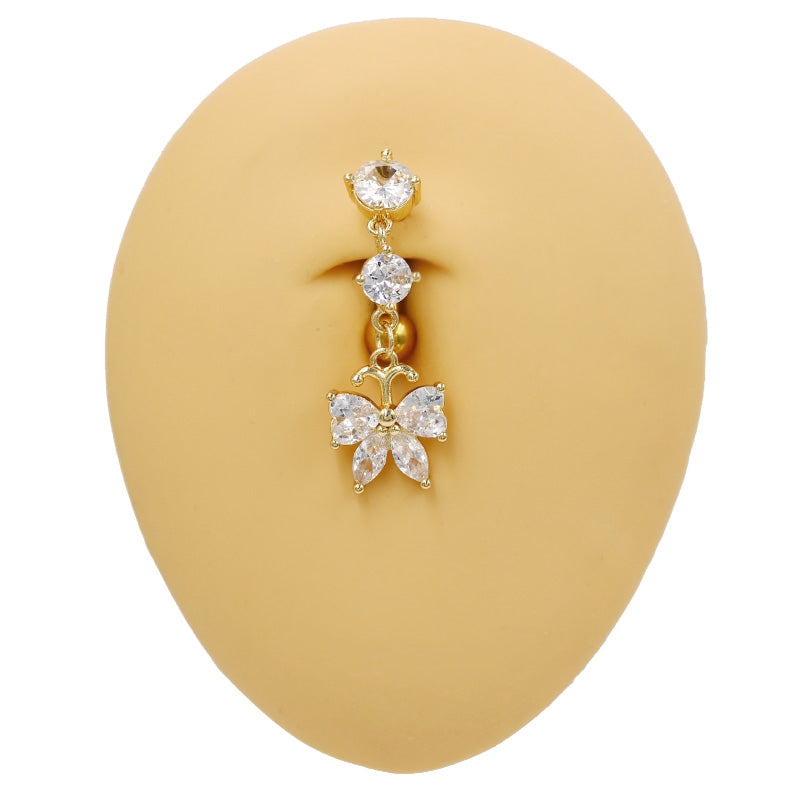 Heart Wings Butterfly Belly Ring - 316 Stainless Steel with Rhinestones and Gold Plating