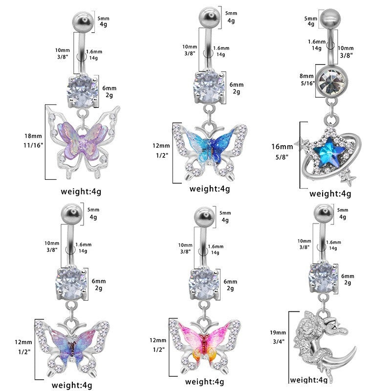Elegant Moon & Butterfly Belly Ring - 316 Stainless Steel with Zircon Rhinestones