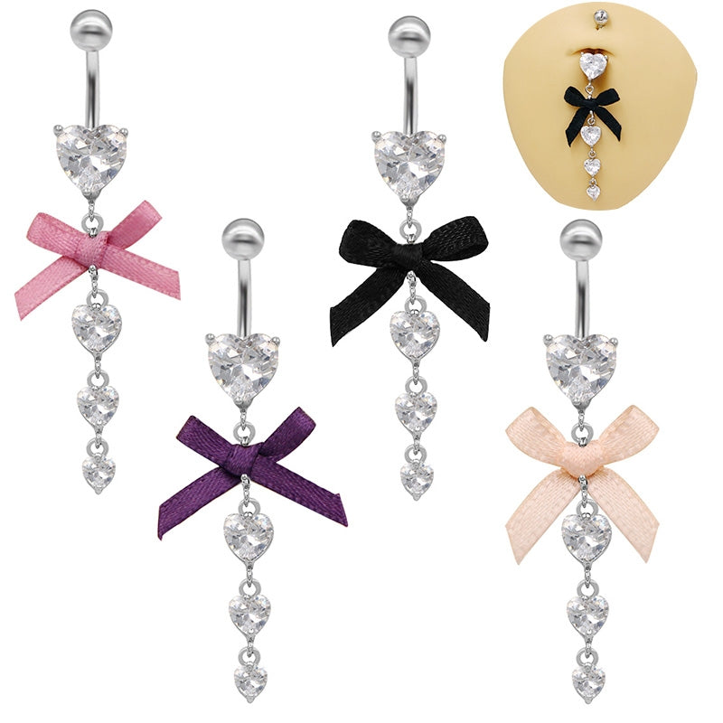 Hawaiian Tropical Heart Bow Knot Belly Ring with Zircon Inlay - Stainless Steel & White Gold Plated