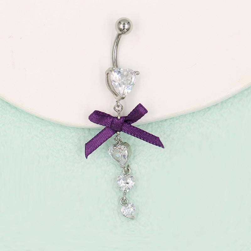 Hawaiian Tropical Heart Bow Knot Belly Ring with Zircon Inlay - Stainless Steel & White Gold Plated