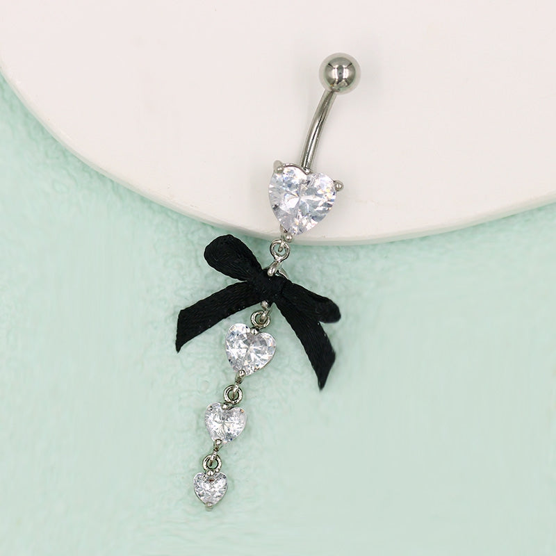 Hawaiian Tropical Heart Bow Knot Belly Ring with Zircon Inlay - Stainless Steel & White Gold Plated