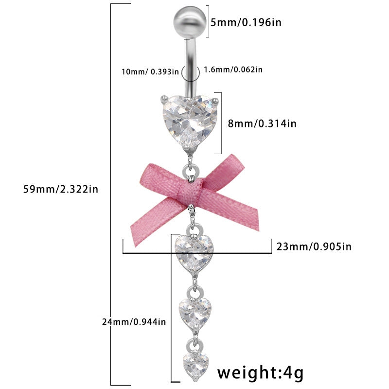 Hawaiian Tropical Heart Bow Knot Belly Ring with Zircon Inlay - Stainless Steel & White Gold Plated