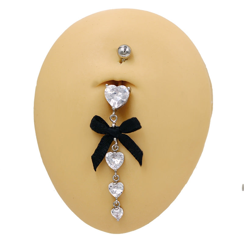 Hawaiian Tropical Heart Bow Knot Belly Ring with Zircon Inlay - Stainless Steel & White Gold Plated