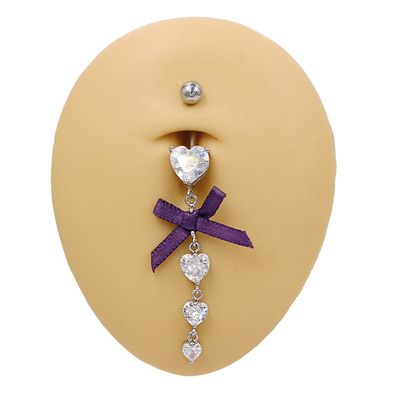 Hawaiian Tropical Heart Bow Knot Belly Ring with Zircon Inlay - Stainless Steel & White Gold Plated
