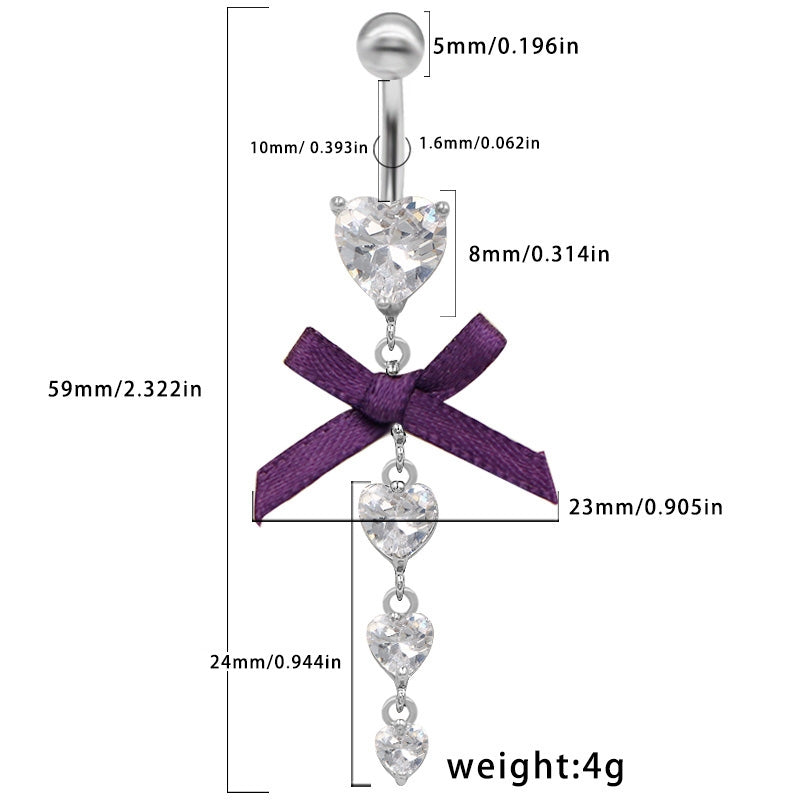 Hawaiian Tropical Heart Bow Knot Belly Ring with Zircon Inlay - Stainless Steel & White Gold Plated