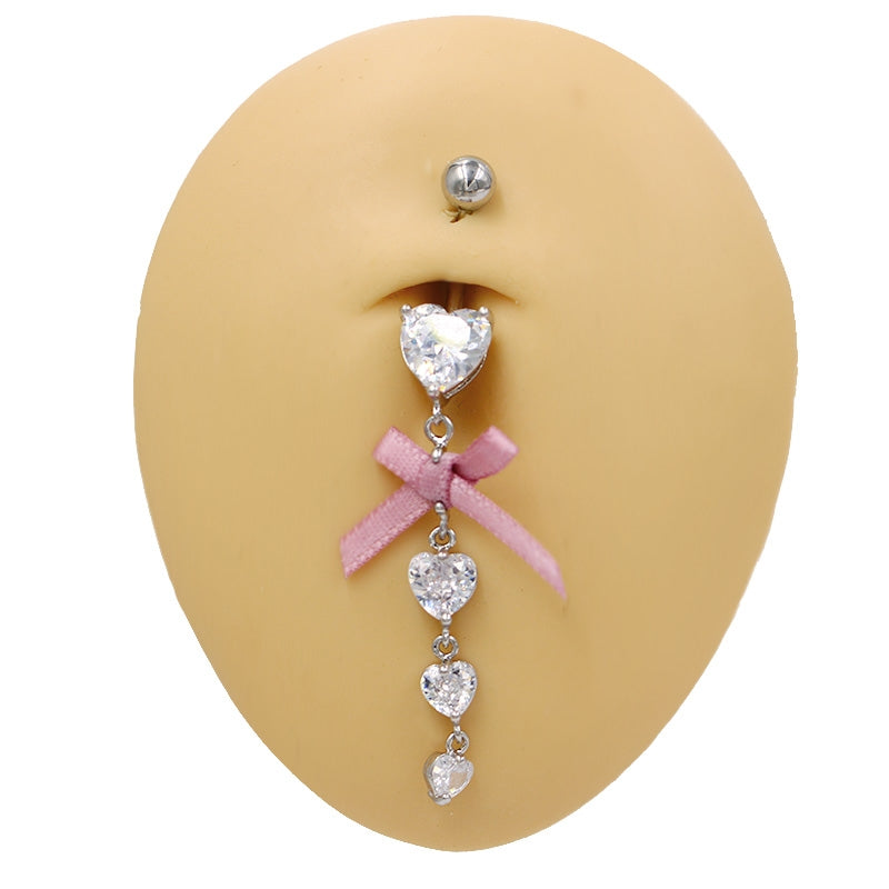 Hawaiian Tropical Heart Bow Knot Belly Ring with Zircon Inlay - Stainless Steel & White Gold Plated