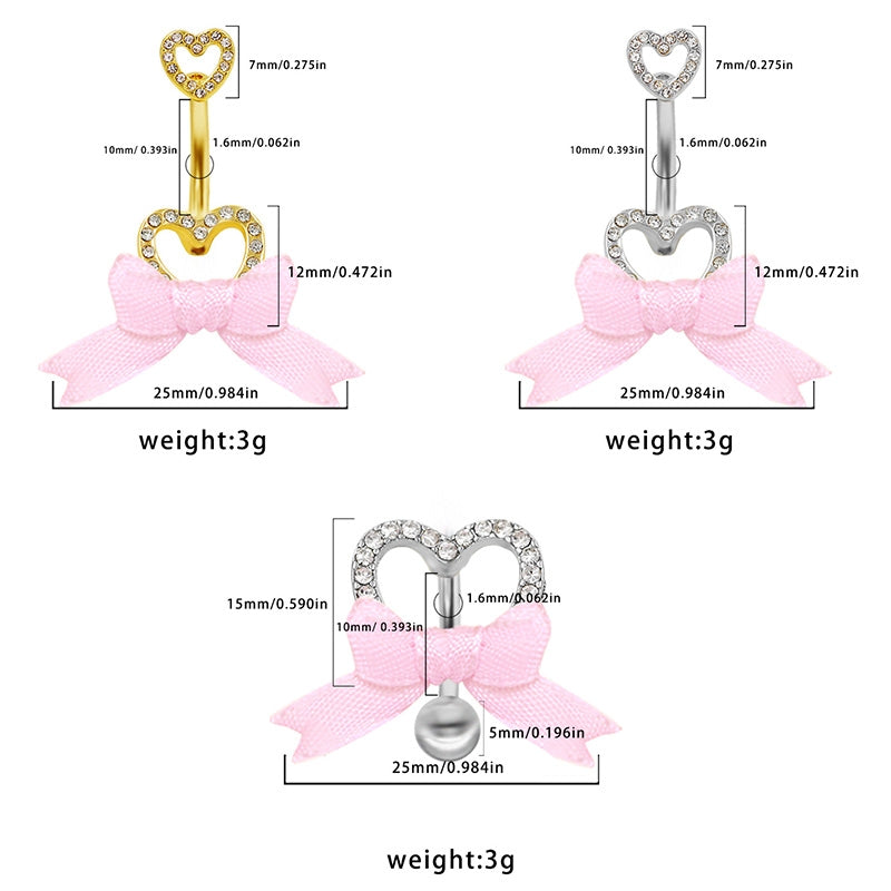 IG Style Shiny Heart Bow Knot Belly Ring 316 Stainless Steel with Rhinestones Gold Plated