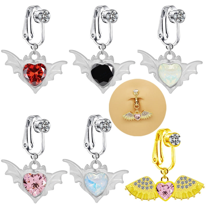 IG Style Heart Shape Wing Belly Ring - Stainless Steel & Gold Plated, Non-Piercing Navel Clip