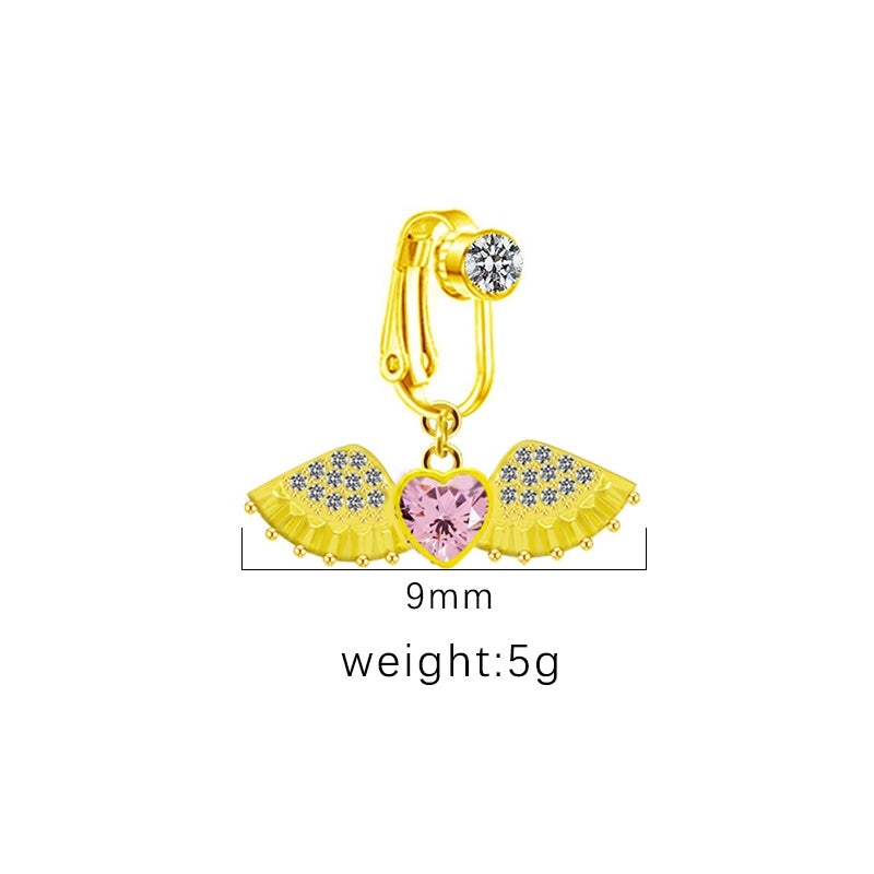 IG Style Heart Shape Wing Belly Ring - Stainless Steel & Gold Plated, Non-Piercing Navel Clip