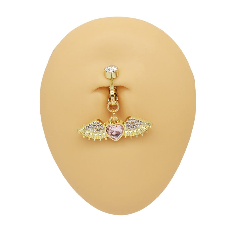 IG Style Heart Shape Wing Belly Ring - Stainless Steel & Gold Plated, Non-Piercing Navel Clip