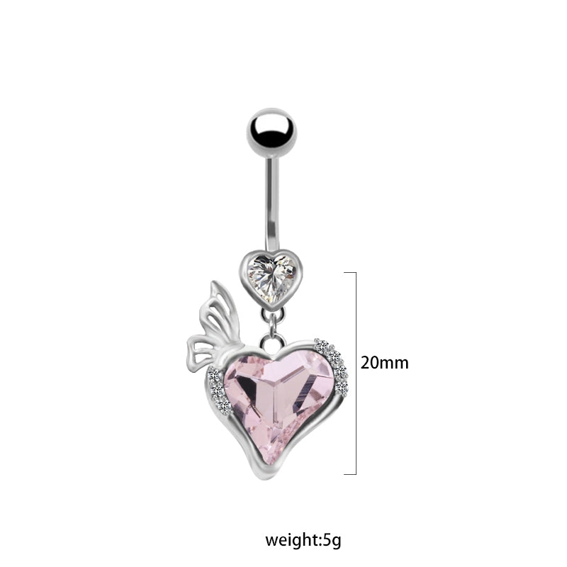 Heart Butterfly Belly Ring - Stainless Steel & Gold Plated with Rhinestones
