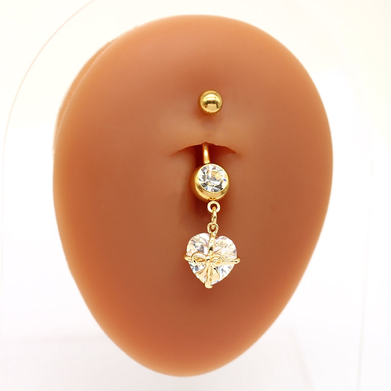 Heart Butterfly Belly Ring - Stainless Steel & Gold Plated with Rhinestones