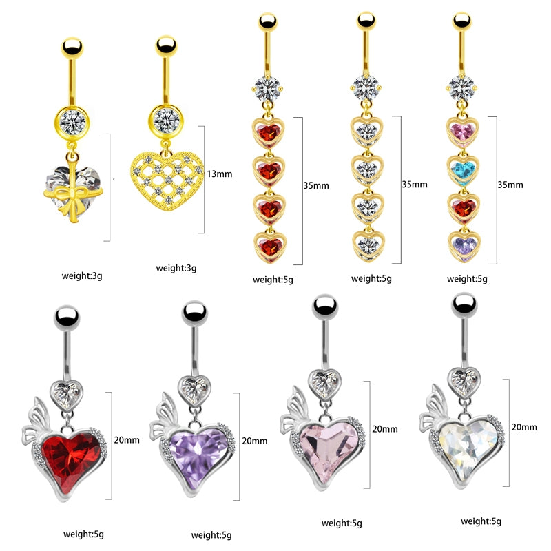 Heart Butterfly Belly Ring - Stainless Steel & Gold Plated with Rhinestones