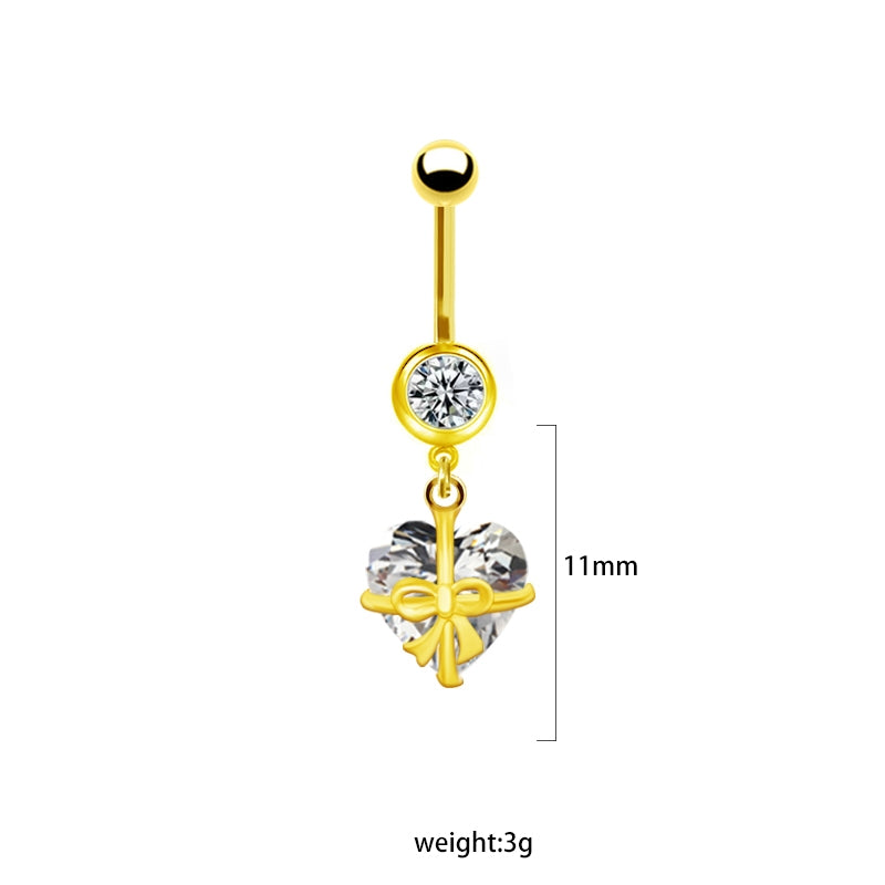 Heart Butterfly Belly Ring - Stainless Steel & Gold Plated with Rhinestones