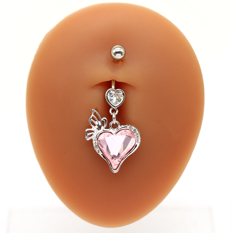 Heart Butterfly Belly Ring - Stainless Steel & Gold Plated with Rhinestones