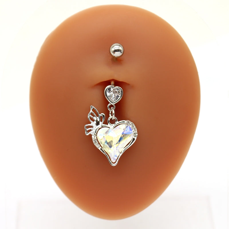 Heart Butterfly Belly Ring - Stainless Steel & Gold Plated with Rhinestones