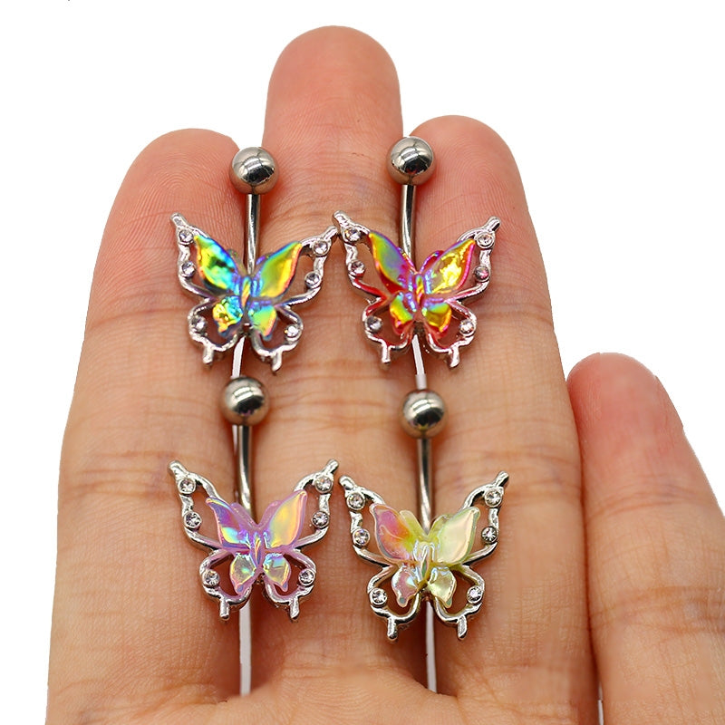 Princess Butterfly Belly Ring - 316 Stainless Steel with Acrylic Rhinestones, White Gold Plated