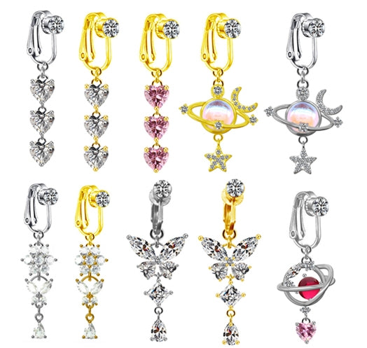 Heart Shape Butterfly Planet Fake Belly Ring - 316 Stainless Steel with Rhinestones