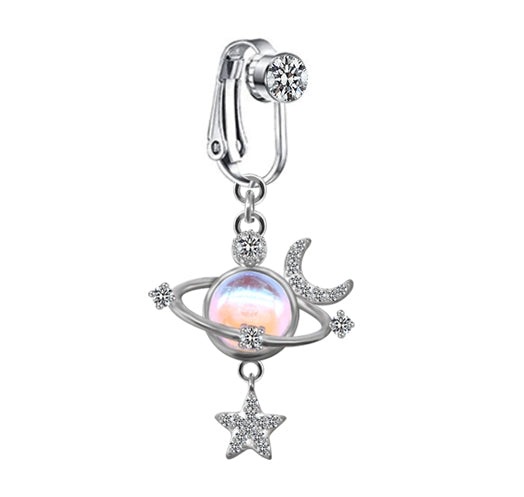 Heart Shape Butterfly Planet Fake Belly Ring - 316 Stainless Steel with Rhinestones