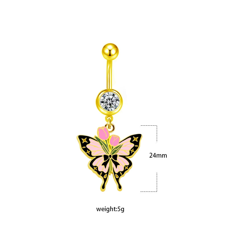 Heart Shape Butterfly Flower Belly Ring - 316 Stainless Steel with Enamel and Rhinestones