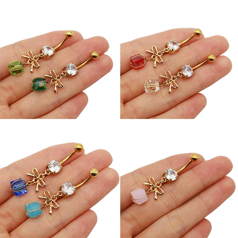 1 Piece Gold Plated Bow Knot Belly Ring with Colorful Acrylic Rhinestones