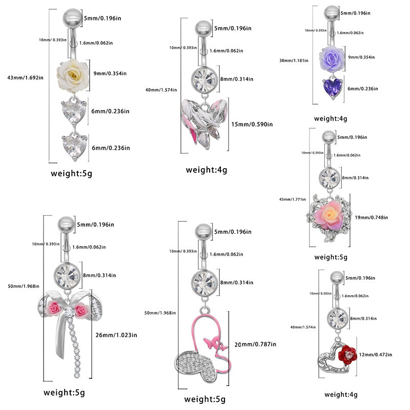 1 Piece Heart Shape Rose Bow Knot Belly Ring - 316 Stainless Steel with Rhinestones and White Gold Plating