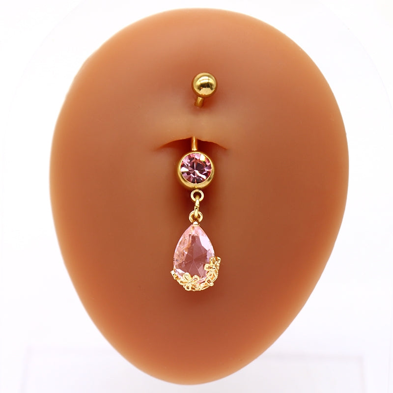 Sweet Pastoral Rose Flower Belly Ring with Colorful Water Droplets and Rhinestones in Stainless Steel and Gold Plated Finish