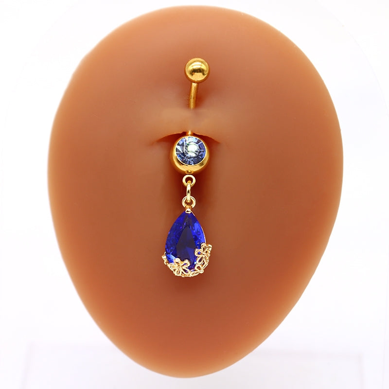 Sweet Pastoral Rose Flower Belly Ring with Colorful Water Droplets and Rhinestones in Stainless Steel and Gold Plated Finish