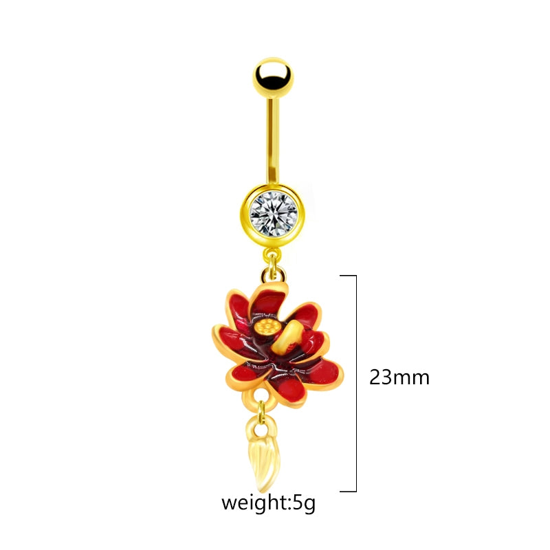 Sweet Pastoral Rose Flower Belly Ring with Colorful Water Droplets and Rhinestones in Stainless Steel and Gold Plated Finish