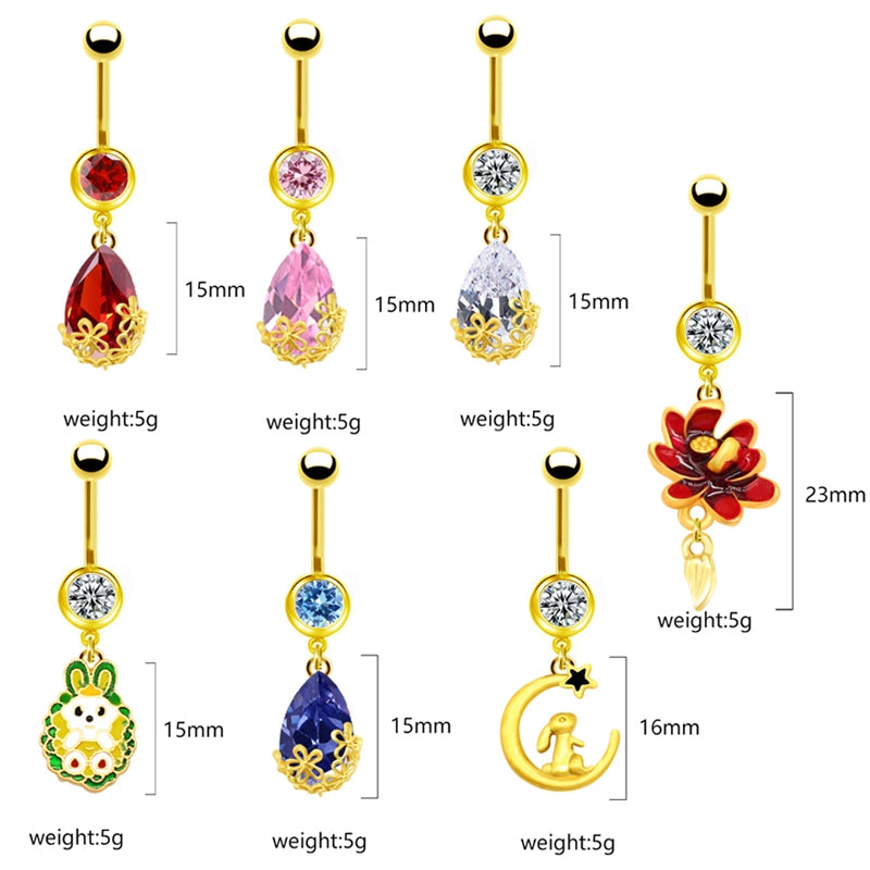 Sweet Pastoral Rose Flower Belly Ring with Colorful Water Droplets and Rhinestones in Stainless Steel and Gold Plated Finish