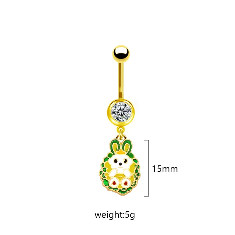 Sweet Pastoral Rose Flower Belly Ring with Colorful Water Droplets and Rhinestones in Stainless Steel and Gold Plated Finish