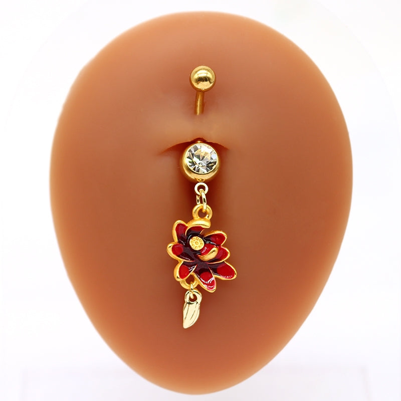 Sweet Pastoral Rose Flower Belly Ring with Colorful Water Droplets and Rhinestones in Stainless Steel and Gold Plated Finish