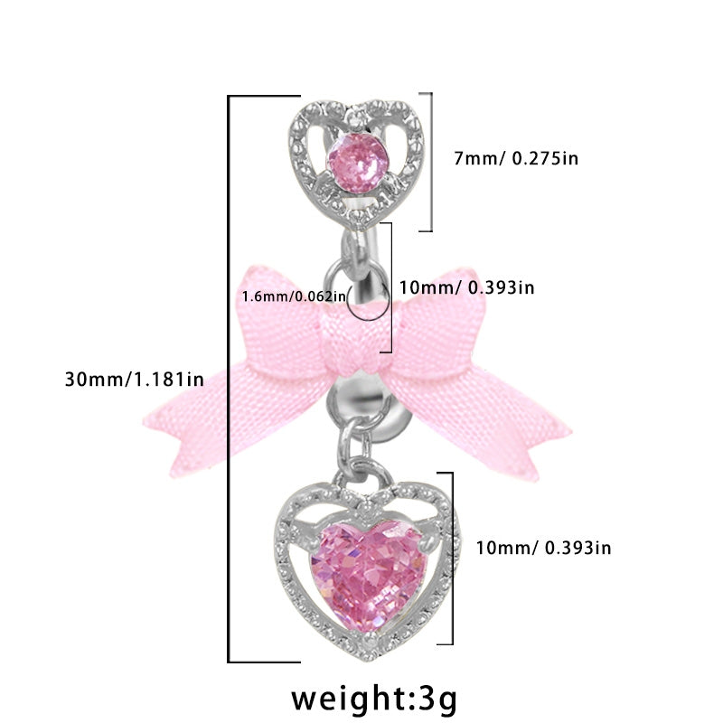 1 Piece Heart Bow Knot Belly Ring 316 Stainless Steel with Rhinestones Gold Plated