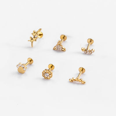 Geometric Flower & Leaf Cartilage Piercing Stud Earrings in Pure G23 Titanium with Inlaid Zircon