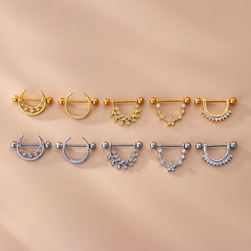 1 Piece Fashion Leaf Star Moon Nipple Rings & Studs 316 Stainless Steel with Copper Plating Zircon