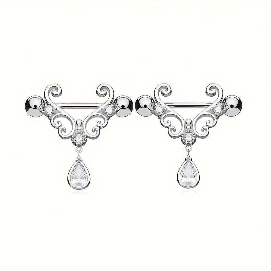 Heart Barbell Nipple Rings with Zircon Inlay - Stainless Steel & White Gold Plated
