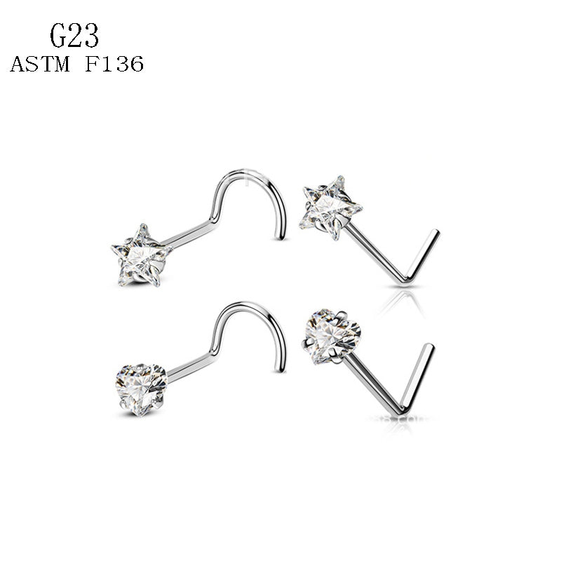 Pentagram Heart Shape Pure Titanium Zircon Inlay Nose Rings & Studs