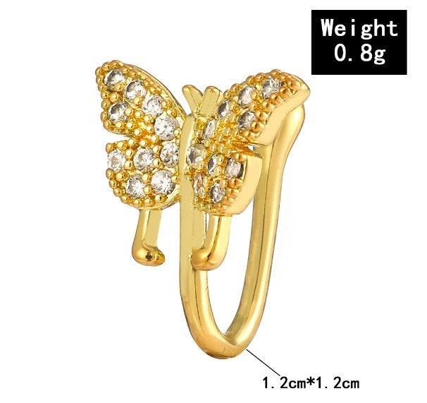Elegant Butterfly Copper Plated Zirconia Nose Cuff & Stud Piercing Jewelry