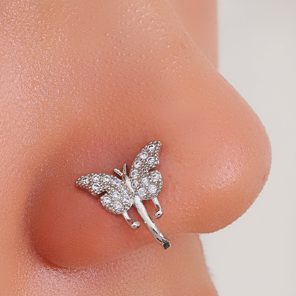 Elegant Butterfly Copper Plated Zirconia Nose Cuff & Stud Piercing Jewelry