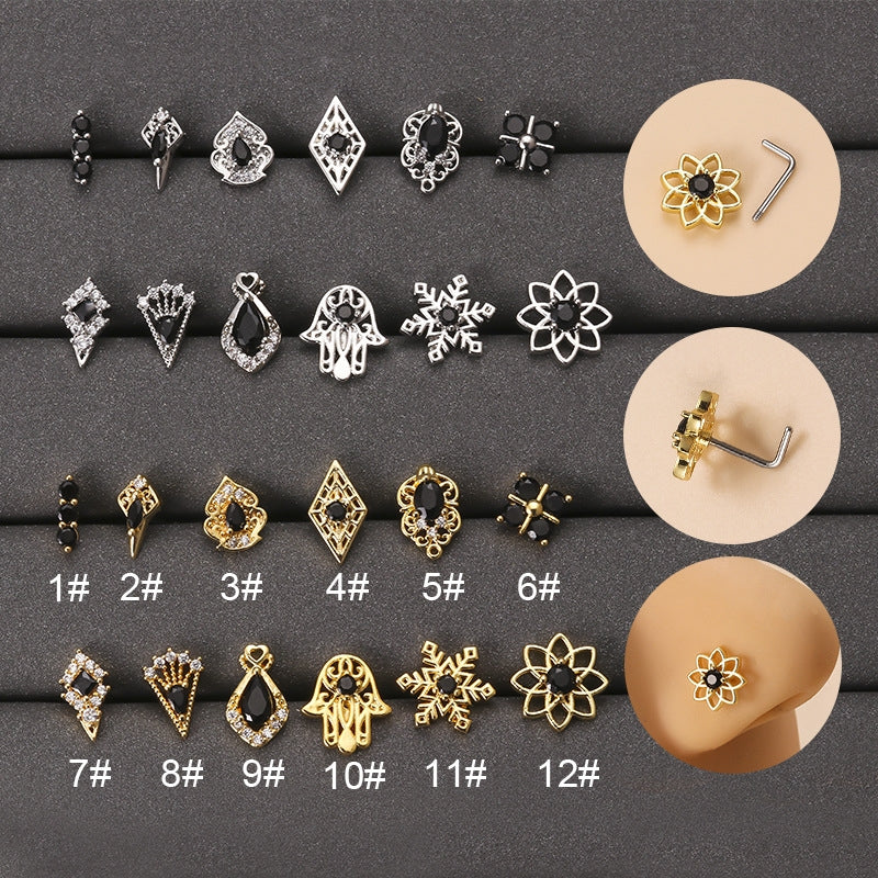 1 Piece Geometric 316L Stainless Steel Nose Ring with Copper Inlay Pearls and Zircon