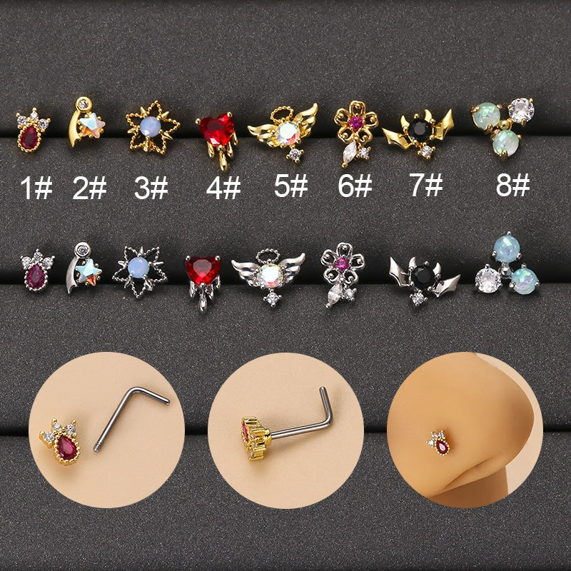 Heart Shape Zircon Nose Studs with Artificial Pearls in 316L Stainless Steel and Copper Plating