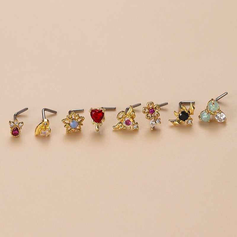 Heart Shape Zircon Nose Studs with Artificial Pearls in 316L Stainless Steel and Copper Plating
