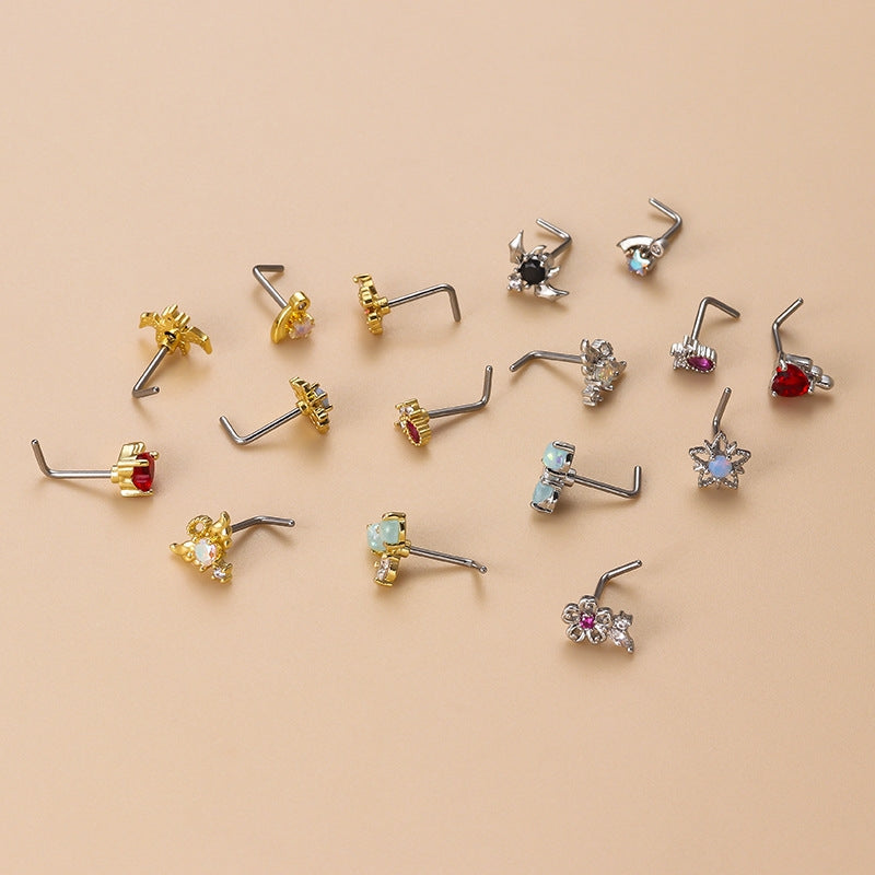 Heart Shape Zircon Nose Studs with Artificial Pearls in 316L Stainless Steel and Copper Plating