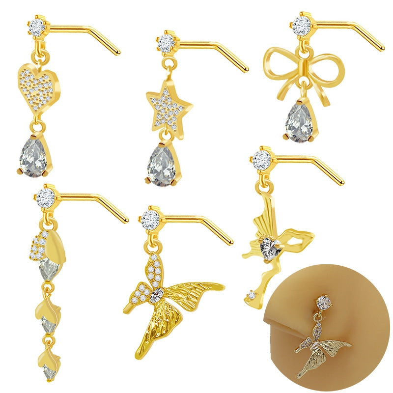 Glam Rock Ethnic Style Star Heart Butterfly Nose Rings & Studs with Teardrop Gemstone Pendant, 316 Stainless Steel and Copper Plating, Inlaid Rhinestones Zircon, Gold Plated Piercing Jewelry